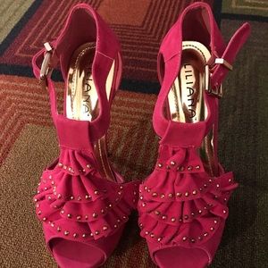 Pink 5 1/2 inch heel with gold stones on ruffles